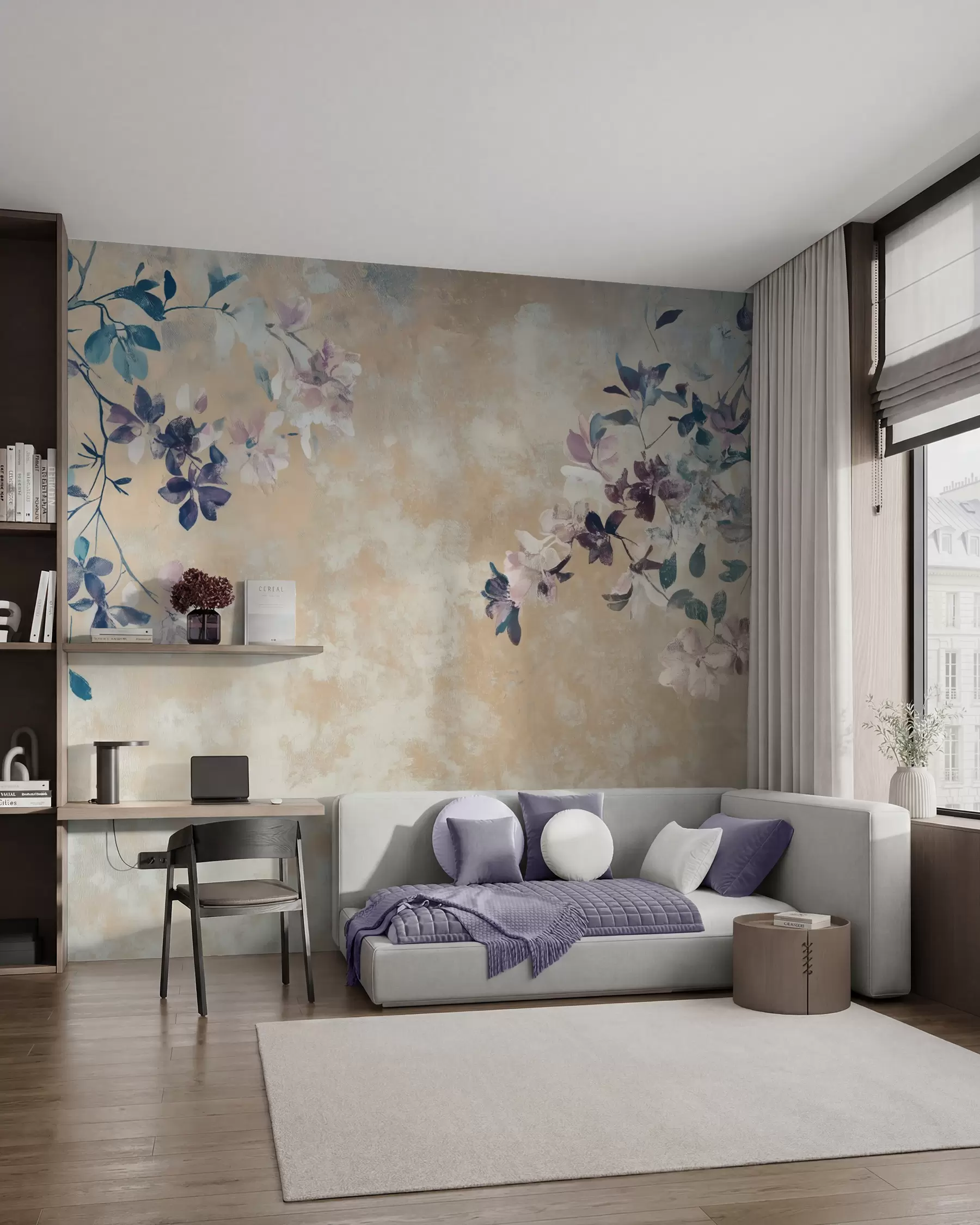 Fototapete retro-Stil Tapete mit Zweigen und Blumen w02686