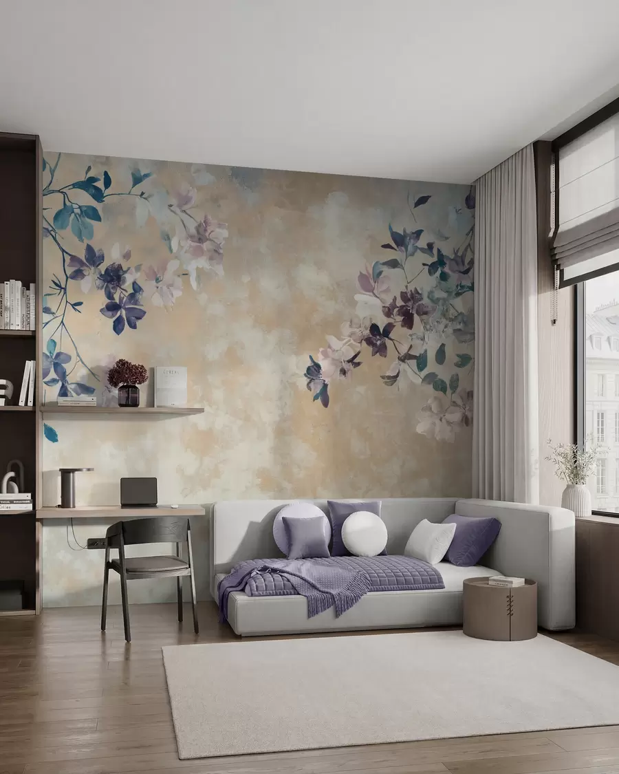 Fototapete retro-Stil Tapete mit Zweigen und Blumen w02686