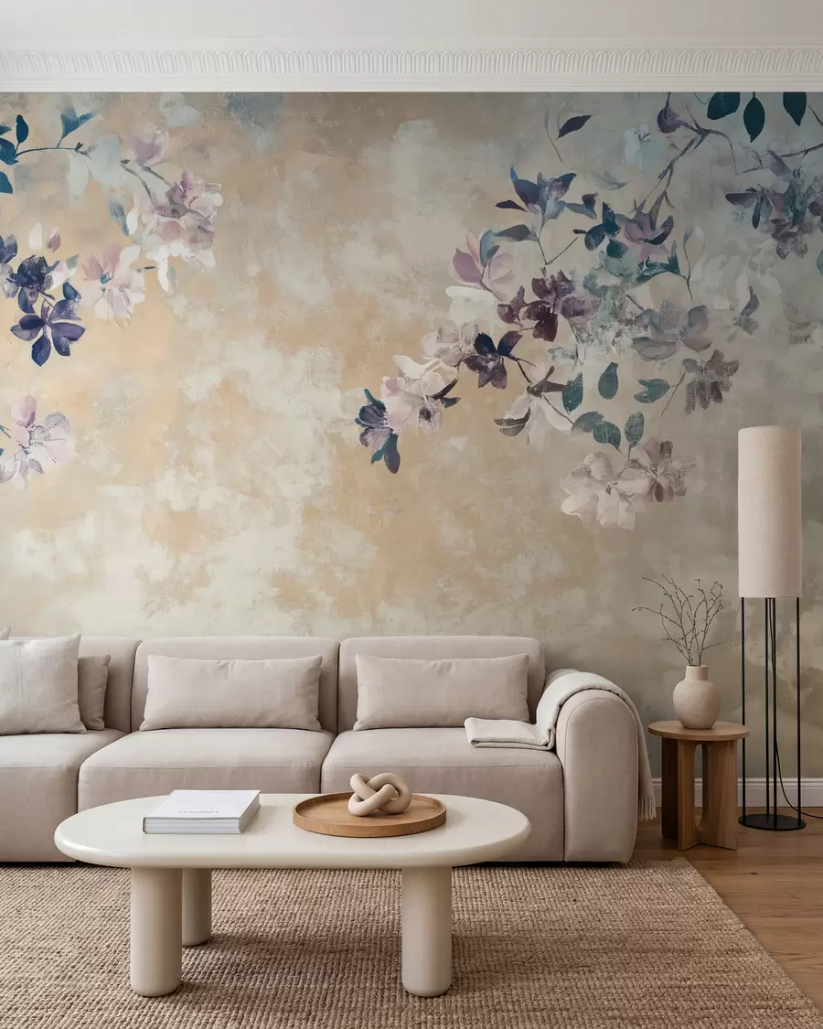 Fototapete retro-Stil Tapete mit Zweigen und Blumen w02686