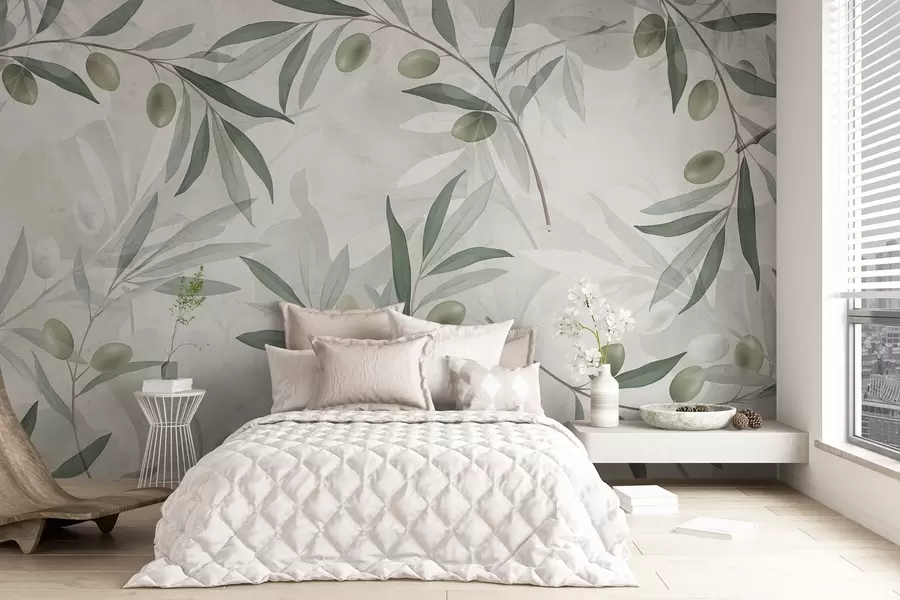 Fototapete Olivenzweige mit grünen Blättern und Oliven auf einem hellen Hintergrund w08576