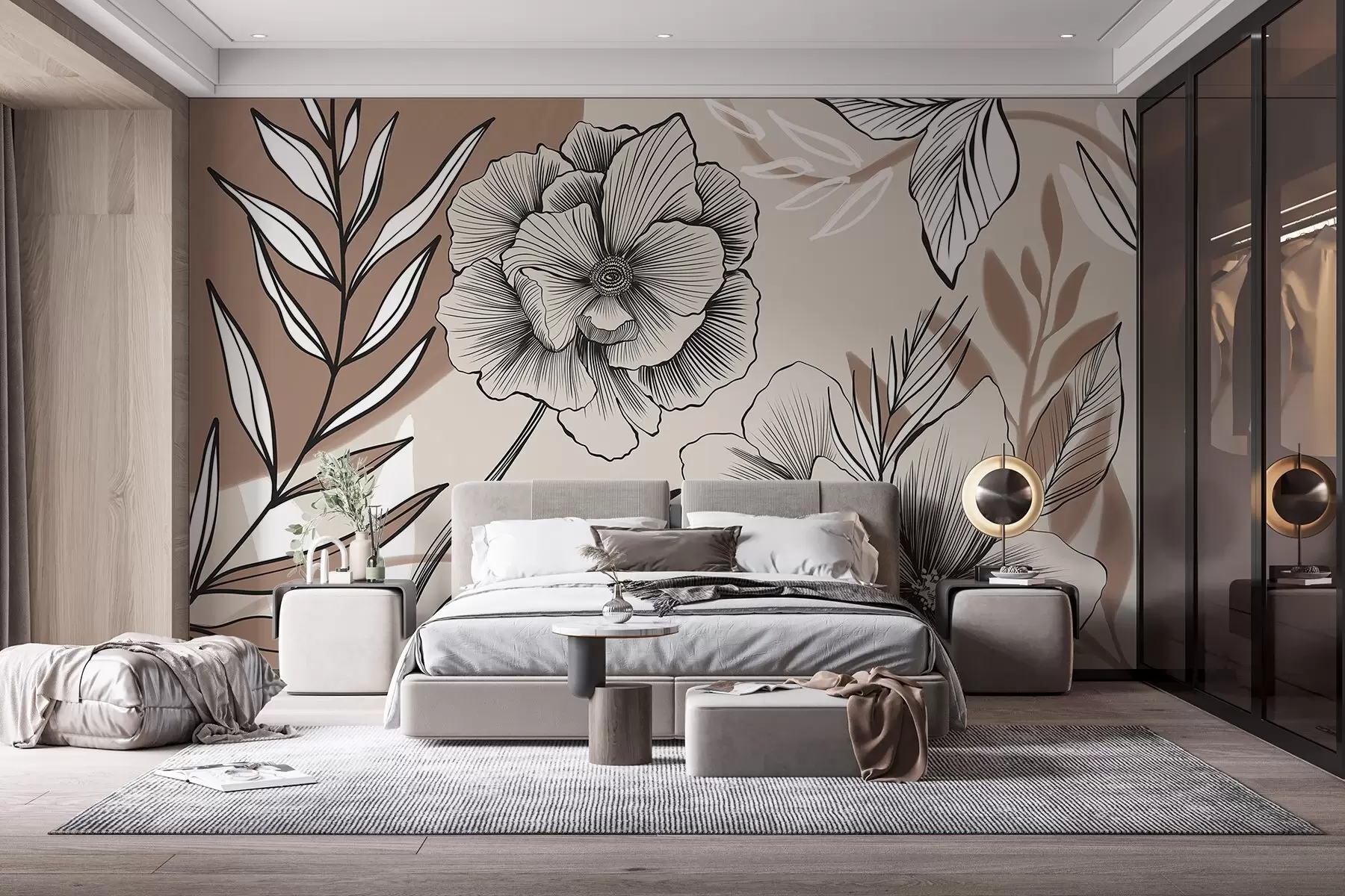 Fototapete Große schwarze und weiße grafische Blumen mit detaillierten Blättern auf einem beigen abstrakten Hintergrund w08580