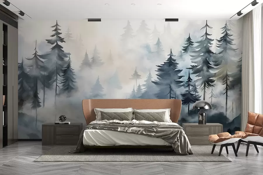 Fototapete Eine neblige Waldlandschaft mit hohen Kiefern in der nebligen Hintergrund in Aquarell-Stil w08584