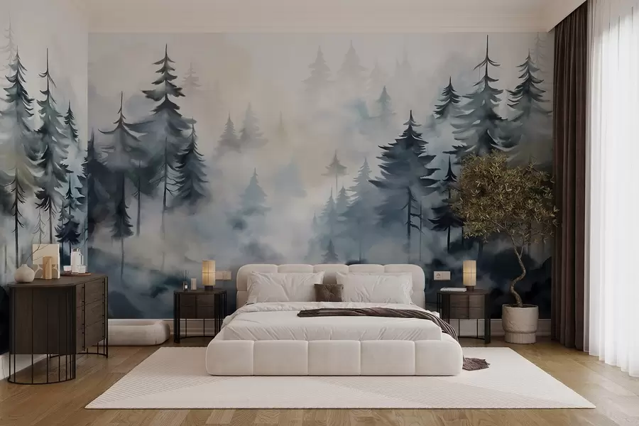 Fototapete Eine neblige Waldlandschaft mit hohen Kiefern in der nebligen Hintergrund in Aquarell-Stil w08584
