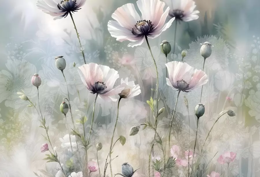 Fototapete Zarte rosa und lila Mohnblumen mit grünen Stängeln und Knospen vor einem weichen, verschwommenen, strukturierten Hintergrund w08585