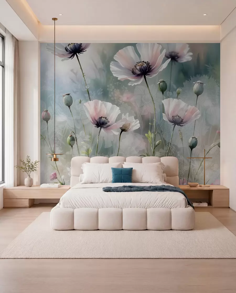 Fototapete Zarte rosa und lila Mohnblumen mit grünen Stängeln und Knospen vor einem weichen, verschwommenen, strukturierten Hintergrund w08585