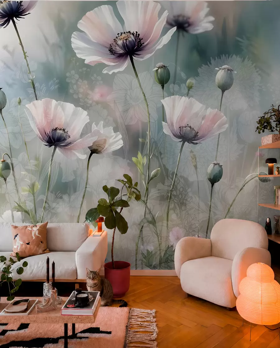 Fototapete Zarte rosa und lila Mohnblumen mit grünen Stängeln und Knospen vor einem weichen, verschwommenen, strukturierten Hintergrund w08585