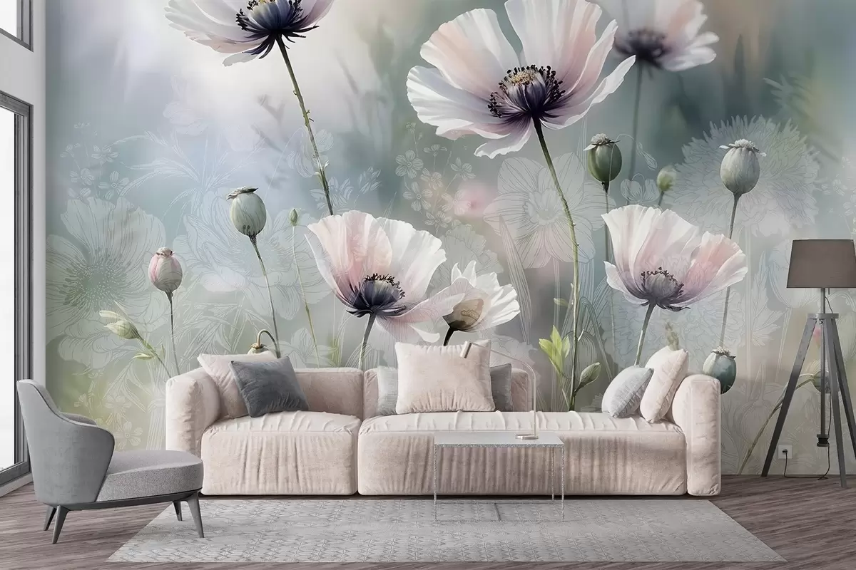 Fototapete Zarte rosa und lila Mohnblumen mit grünen Stängeln und Knospen vor einem weichen, verschwommenen, strukturierten Hintergrund w08585