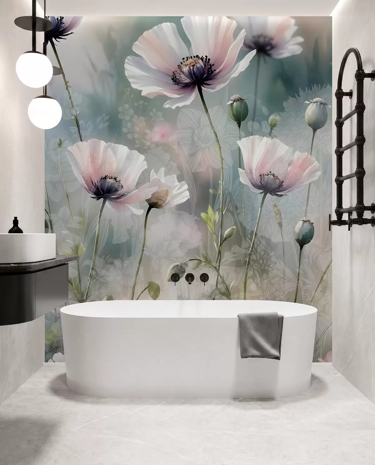 Fototapete Zarte rosa und lila Mohnblumen mit grünen Stängeln und Knospen vor einem weichen, verschwommenen, strukturierten Hintergrund w08585