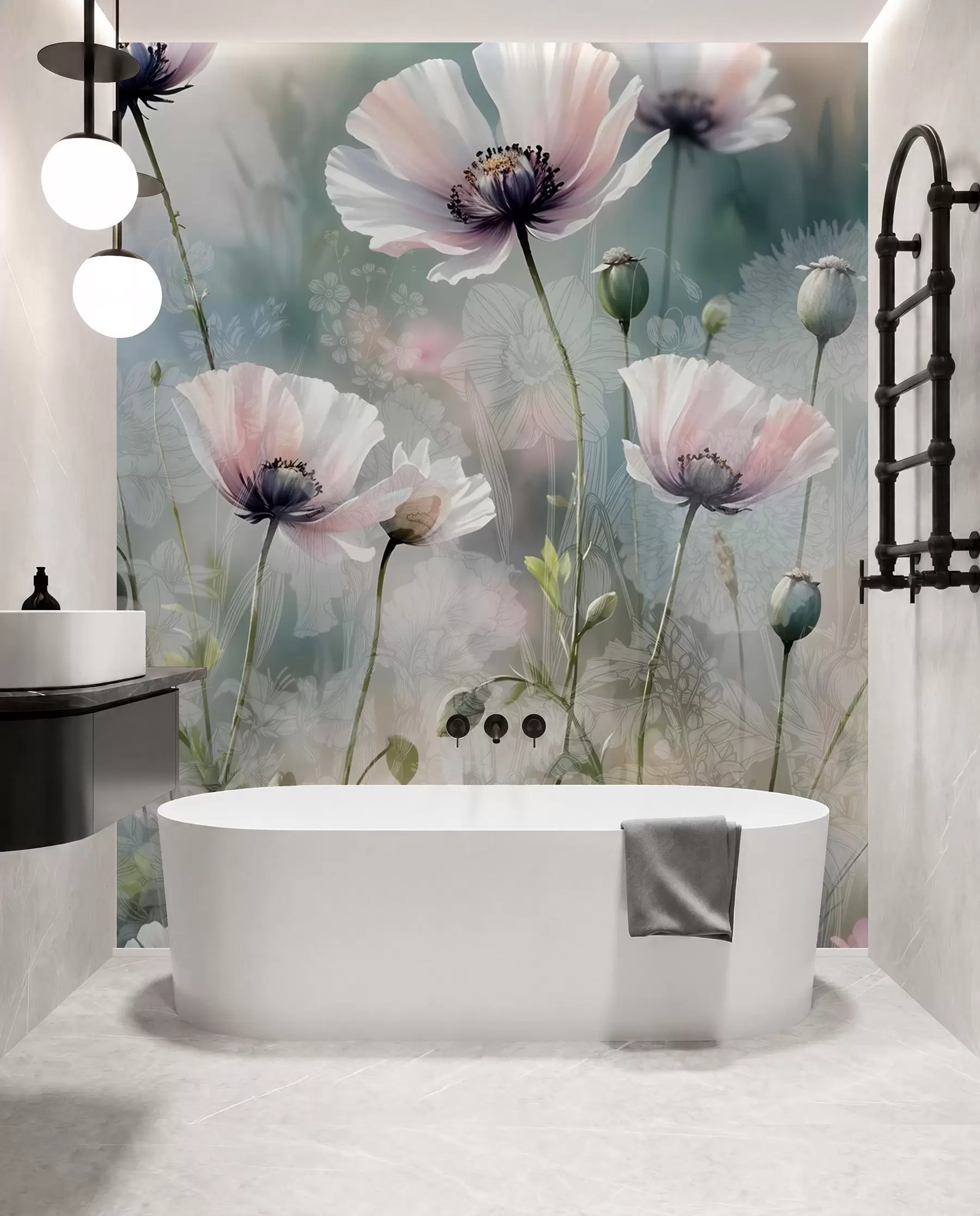 Fototapete Zarte rosa und lila Mohnblumen mit grünen Stängeln und Knospen vor einem weichen, verschwommenen, strukturierten Hintergrund w08585