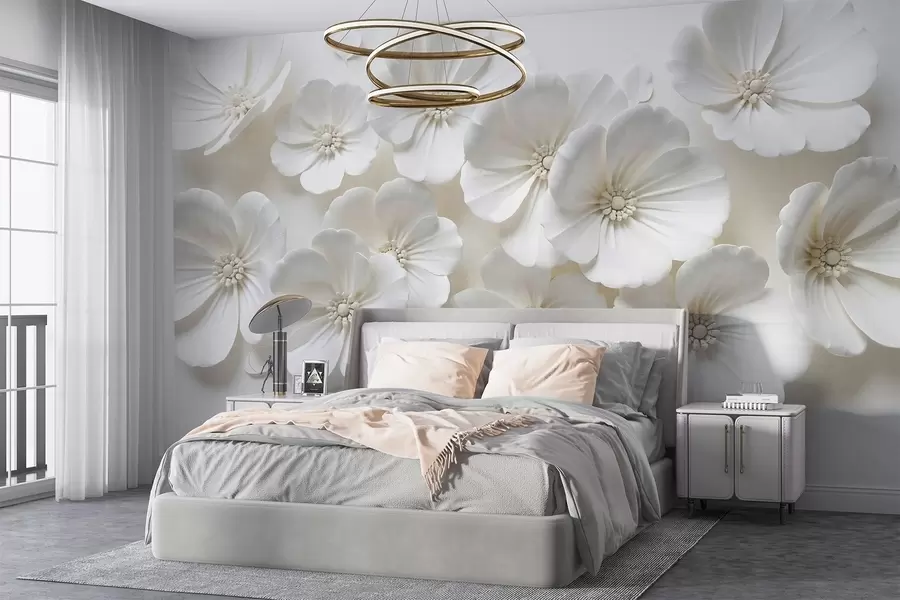 Fototapete Weiße Blumen mit zarten Blütenblättern und Zentren vor einem hellen Hintergrund w08587