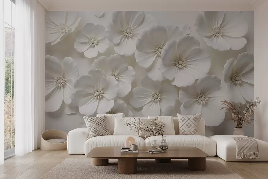 Fototapete Weiße Blumen mit zarten Blütenblättern und Zentren vor einem hellen Hintergrund w08587