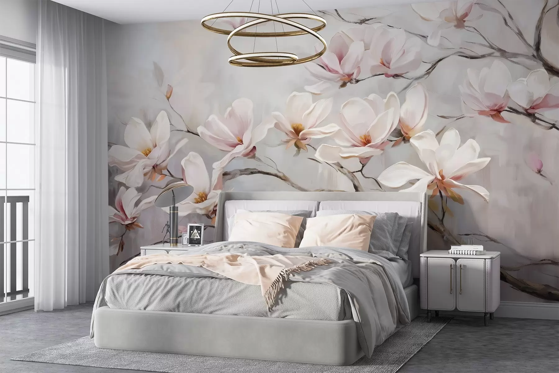 Fototapete Zarte rosa Magnolienblüten blühen auf kahlen Ästen vor einem weichen, dunstigen Hintergrund w08589