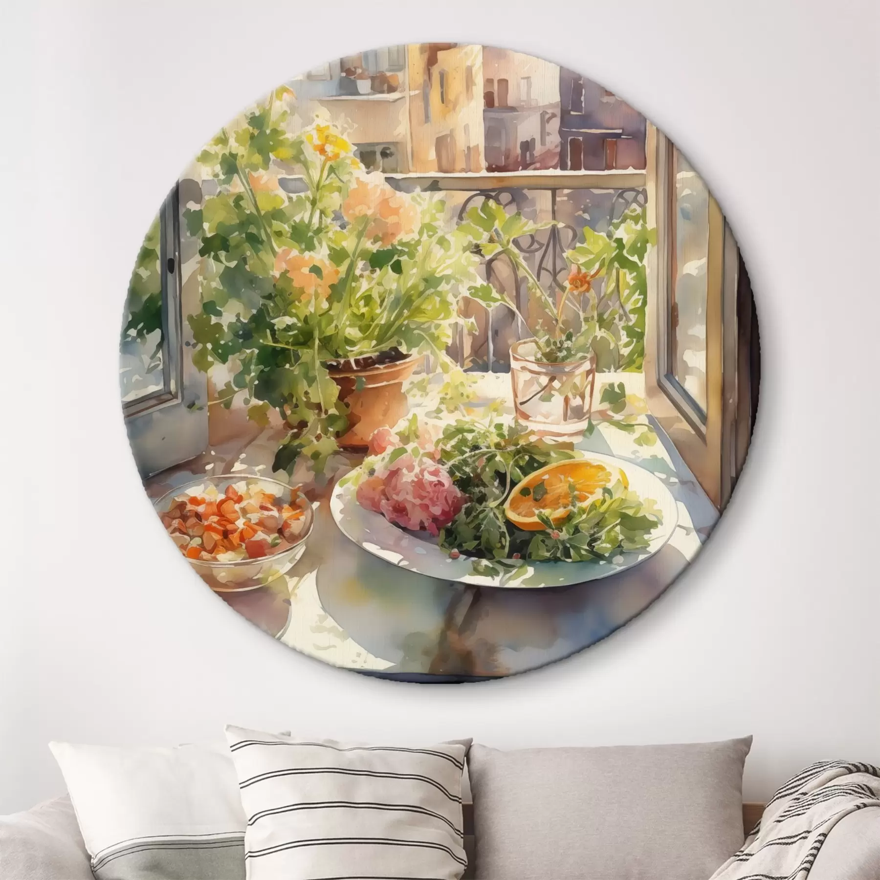 Fototapete Aquarell Abendessen, Stadtansicht, Blumen, Natur, grüner Salat r41166