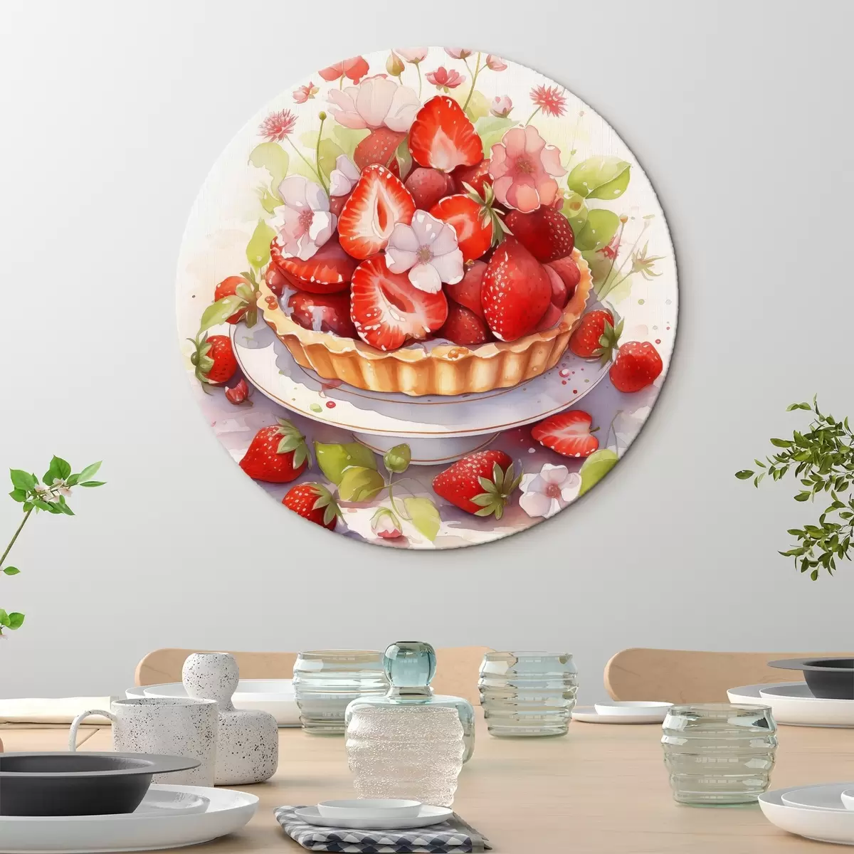 Runde Wandbilder Erdbeerkuchen, Aquarell, Blumen r41177