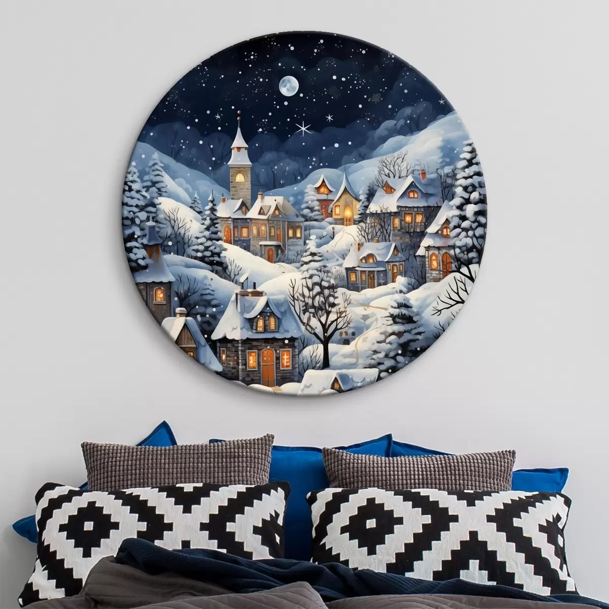 Runde Wandbilder Winterlandschaft mit schneebedeckten Landhäusern vor dem Hintergrund des nächtlichen Sternenhimmels r41275