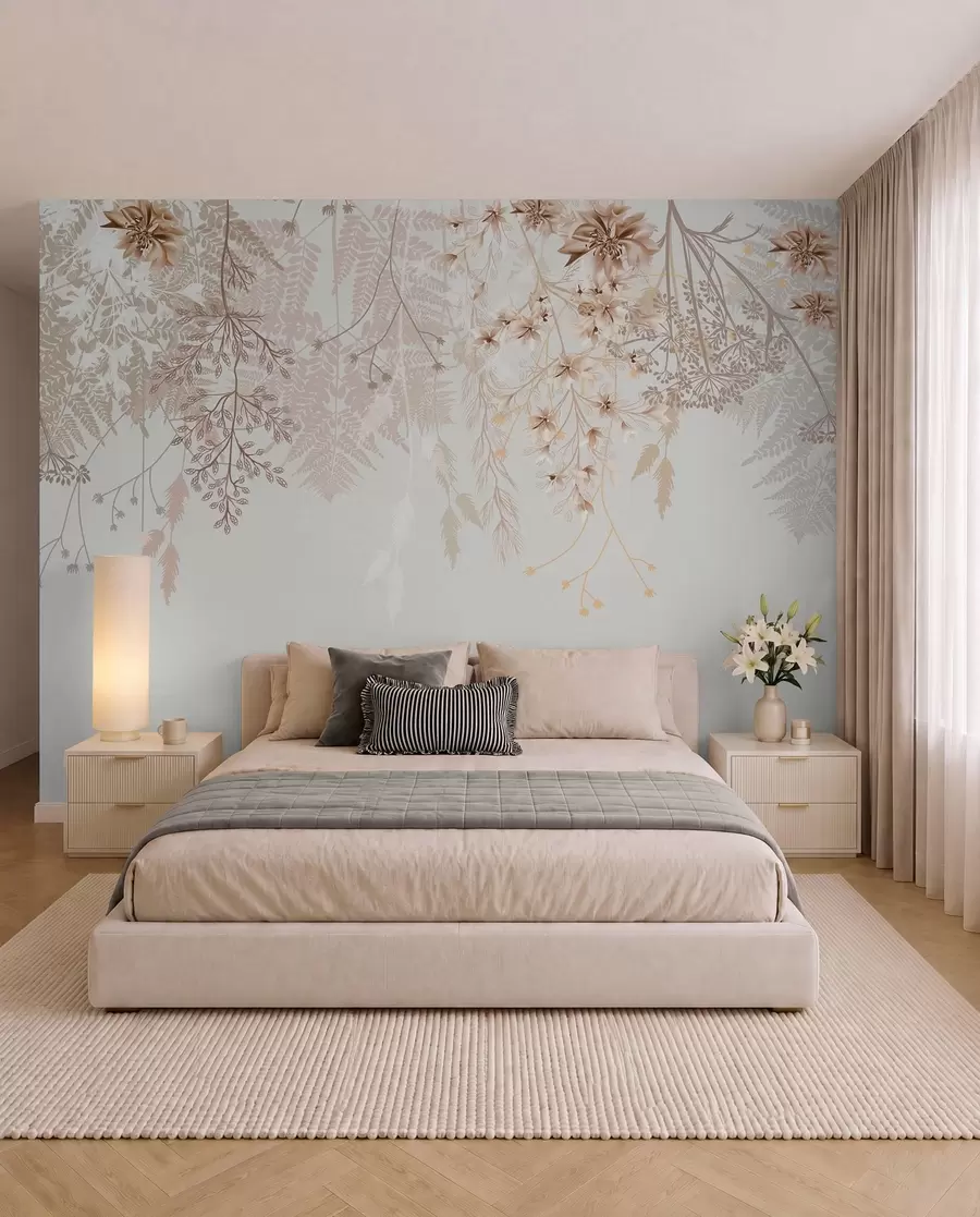 Fototapete Zarte Blumenzweige und Gras mit weißen, grauen und beigen Blumen, die über einen hellen Hintergrund fallen w08598