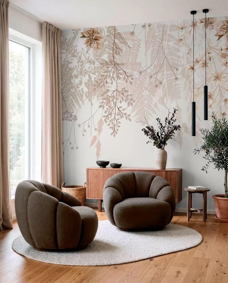 Fototapete Zarte Blumenzweige und Gras mit weißen, grauen und beigen Blumen, die über einen hellen Hintergrund fallen w08598