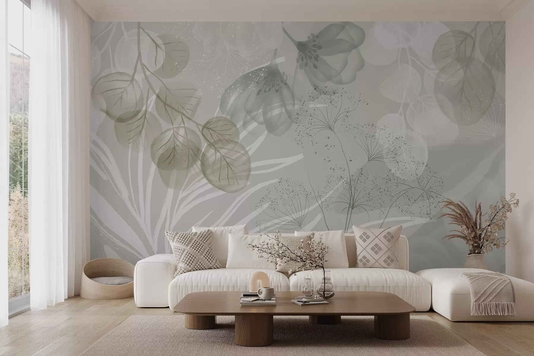 Fototapete Florale Eukaliptus-Elemente in Grün- und Weißtönen mit sich überlappenden Blättern und Blütenblättern im minimalistischen Stil w08599v1