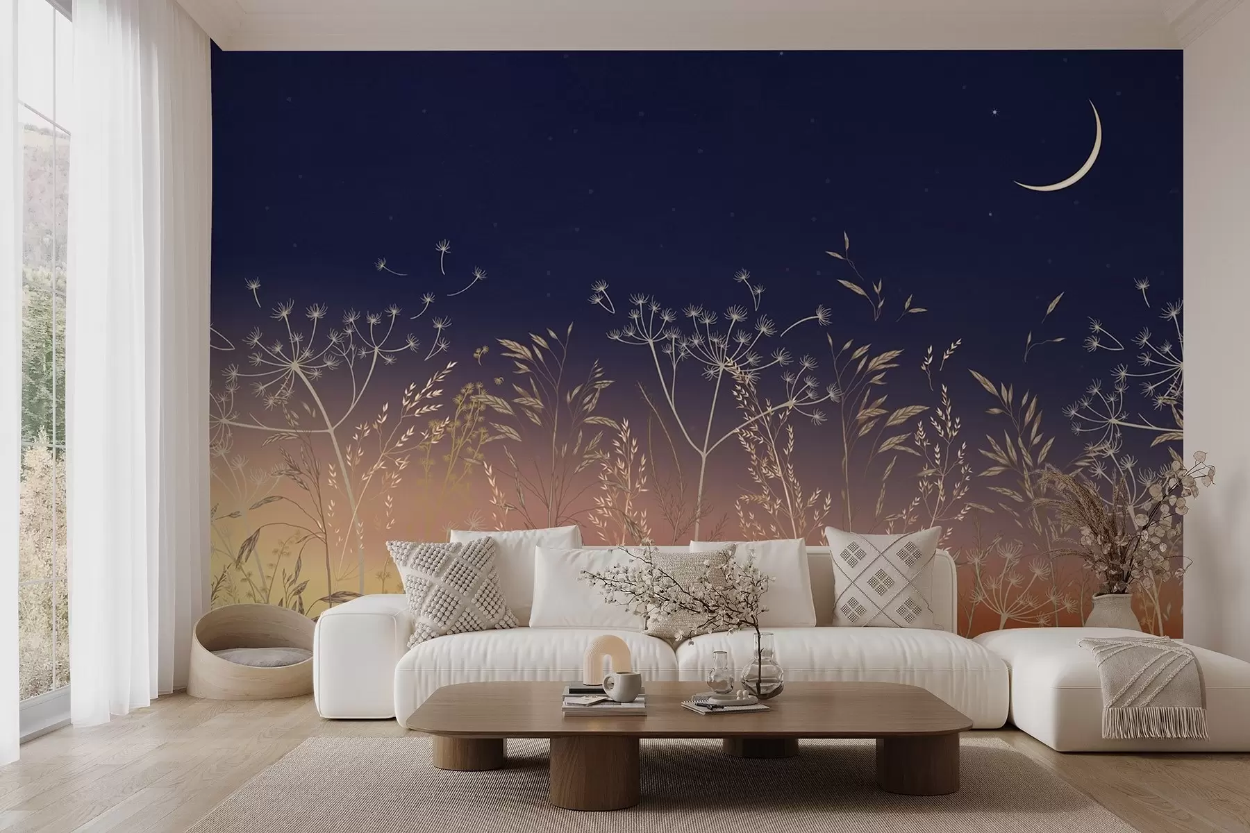 Fototapete Löwenzahn mit Wildblumen gegen einen Sonnenuntergang Hintergrund mit einem blauen Himmel und der Mond w08567