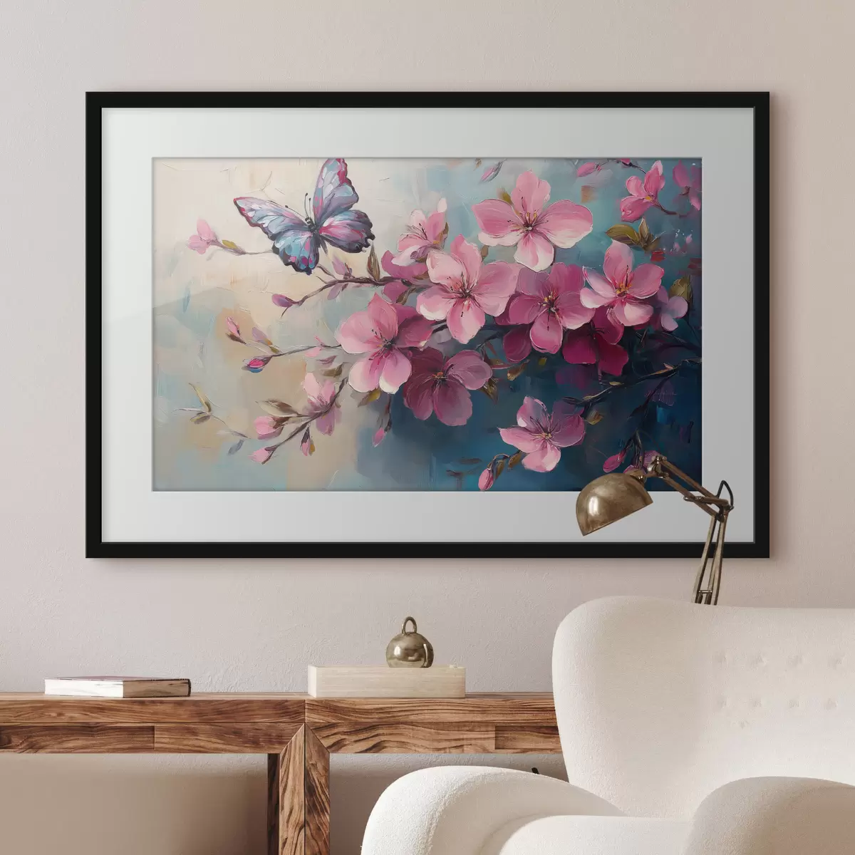 Poster Rosa Blumen und Schmetterling f42320