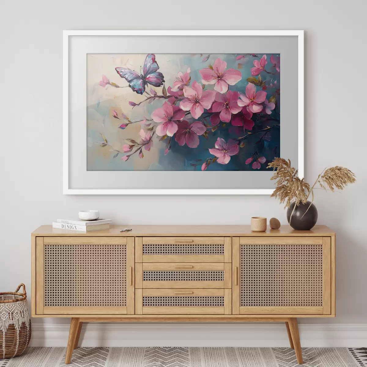 Poster Rosa Blumen und Schmetterling f42320