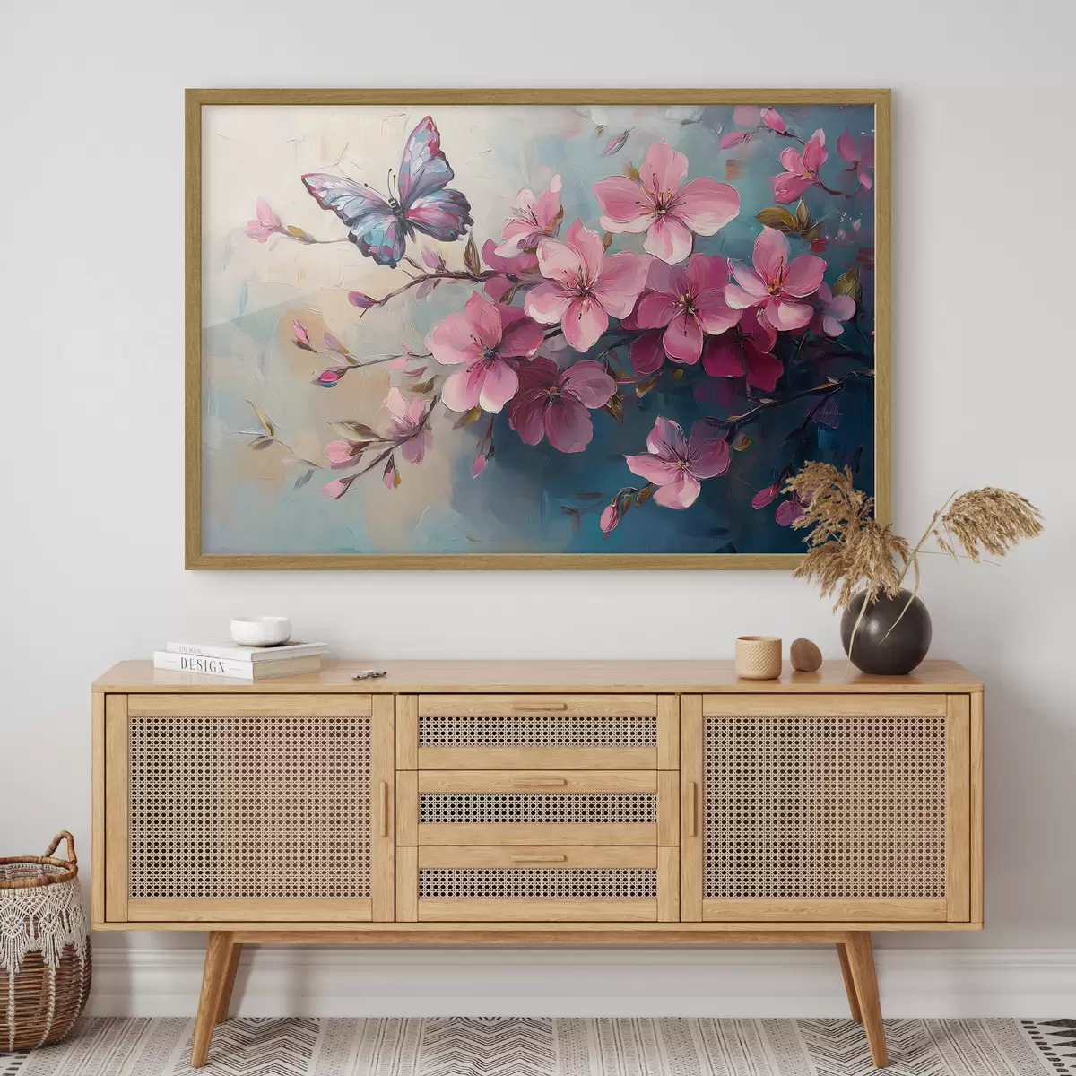 Poster Rosa Blumen und Schmetterling f42320