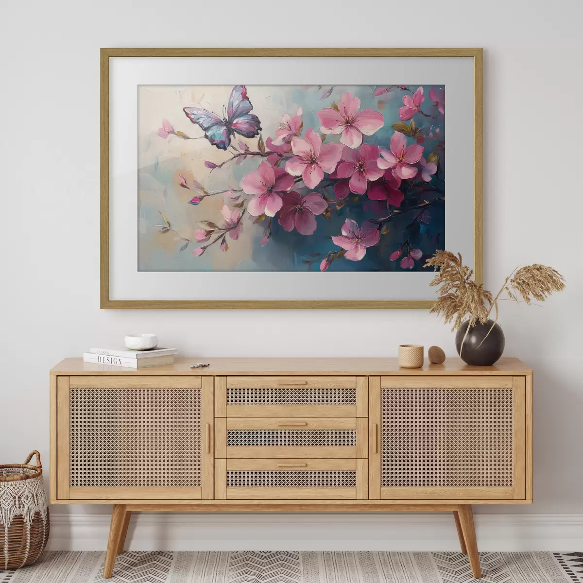 Poster Rosa Blumen und Schmetterling f42320
