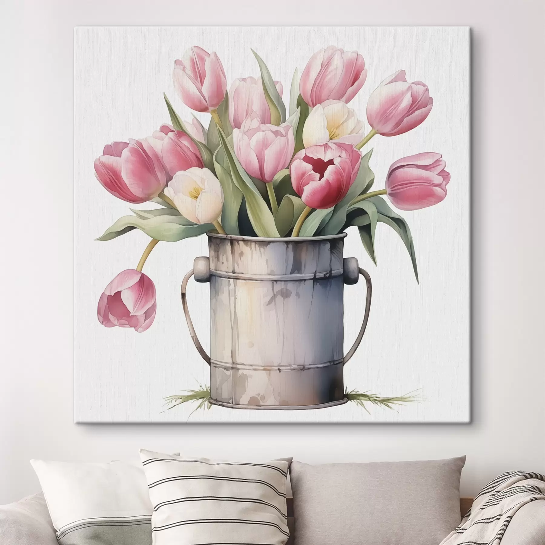 Fototapete Blumenstrauß von Tulpen in einem Eimer Nachahmung von Aquarell s42353