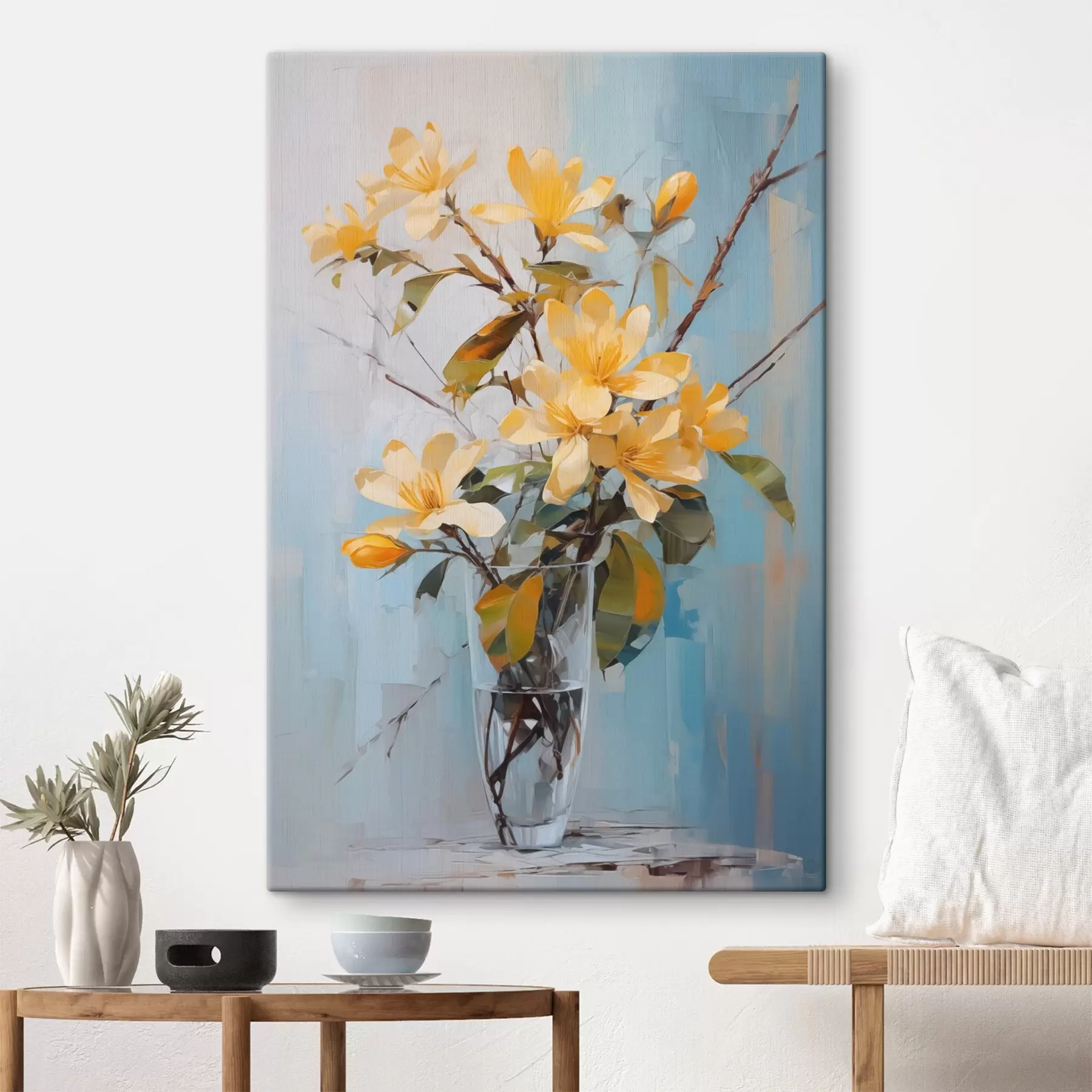 Fototapete Zweige mit gelben Blumen in einer Vase Nachahmung der Malerei s42358