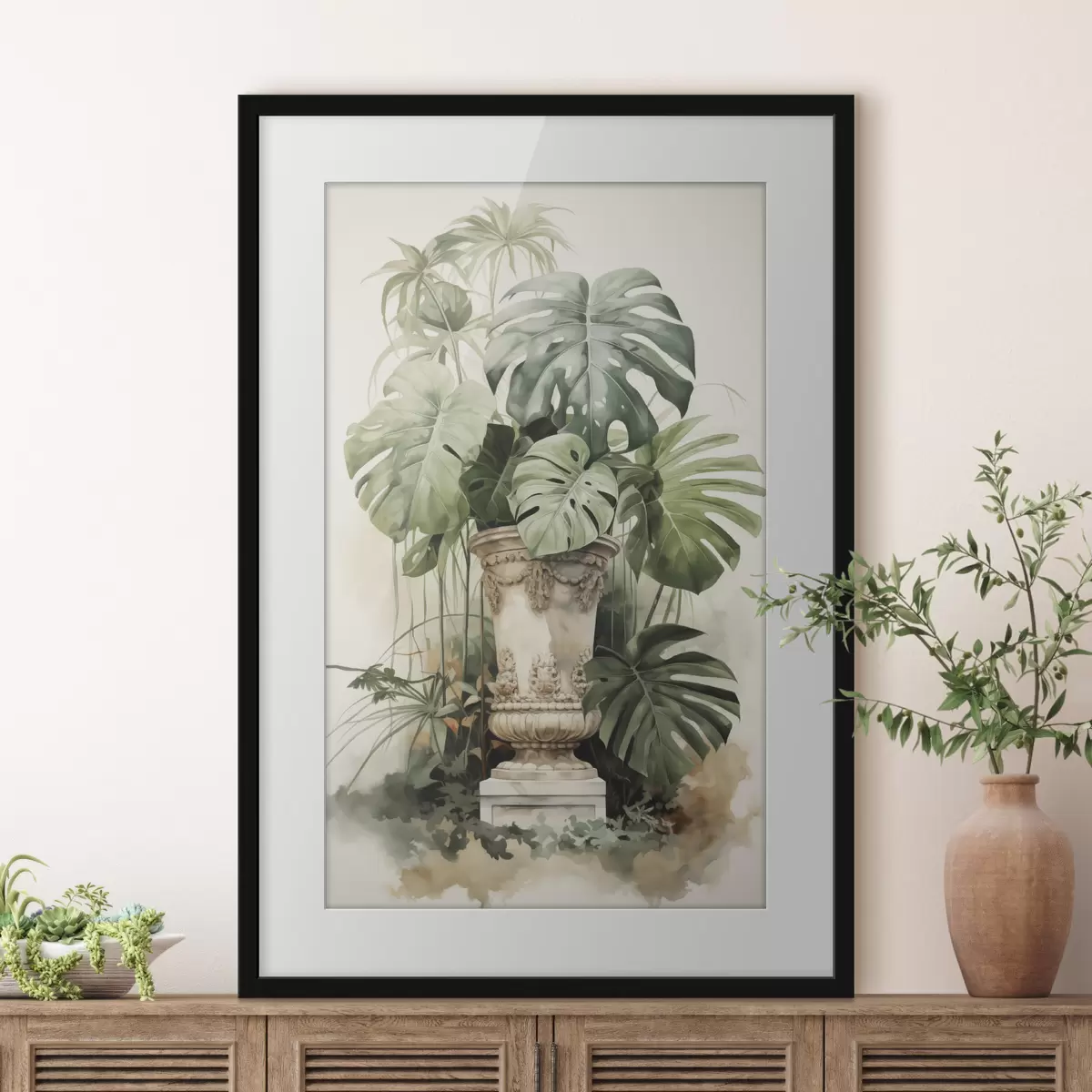 Poster Tropische Monstera Blätter auf einer Säule Nachahmung Aquarell f42351