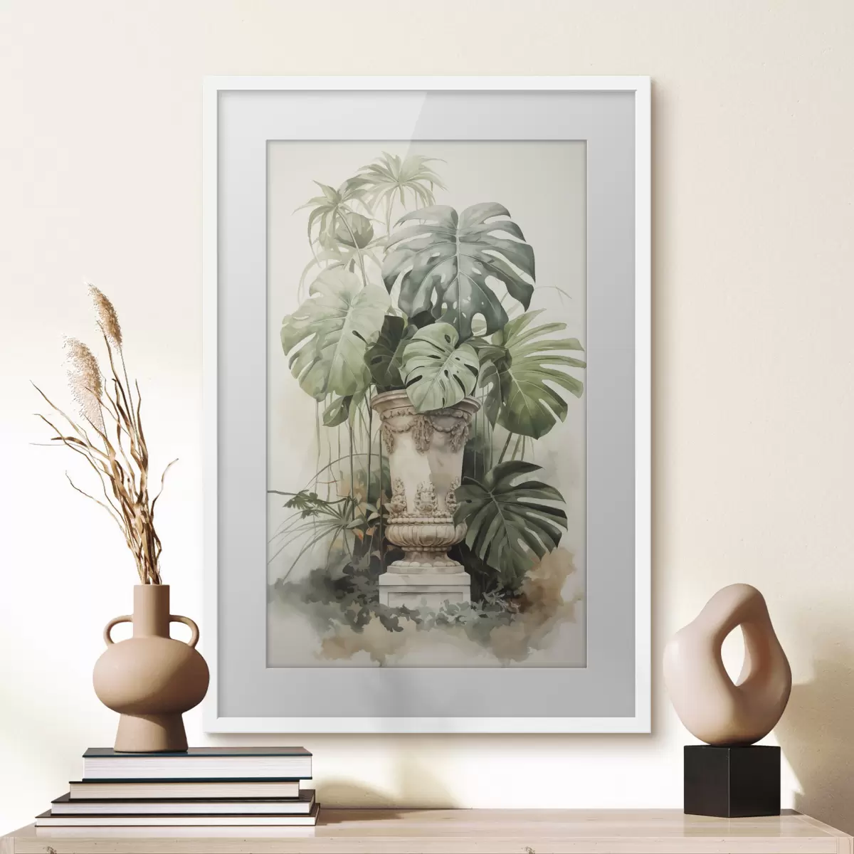 Poster Tropische Monstera Blätter auf einer Säule Nachahmung Aquarell f42351