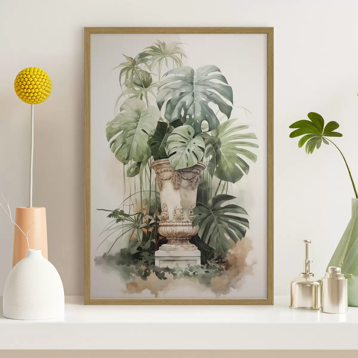 Poster Tropische Monstera Blätter auf einer Säule Nachahmung Aquarell f42351