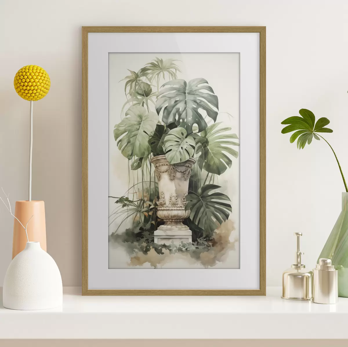 Poster Tropische Monstera Blätter auf einer Säule Nachahmung Aquarell f42351