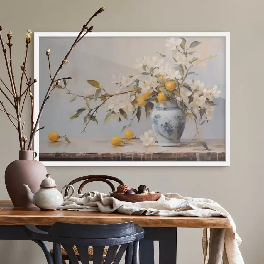 Fototapete Vase mit Zweigen von weißen Blumen und Zitronenimitation Malerei f42360
