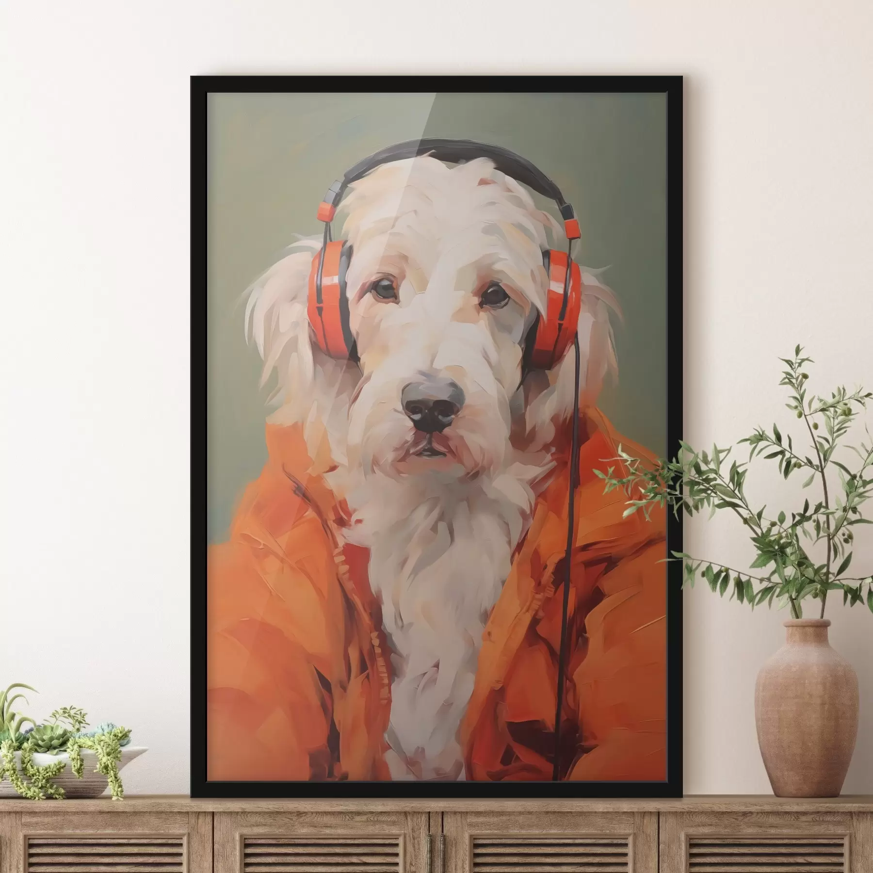 Fototapete Weißer Hund mit orangefarbener Jacke und Kopfhörer Imitation Malerei f42364