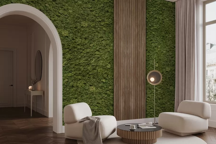 Fototapete Wand im Moos-Stil mit Holzpaneel, üppige Olivenfarben w02656v3