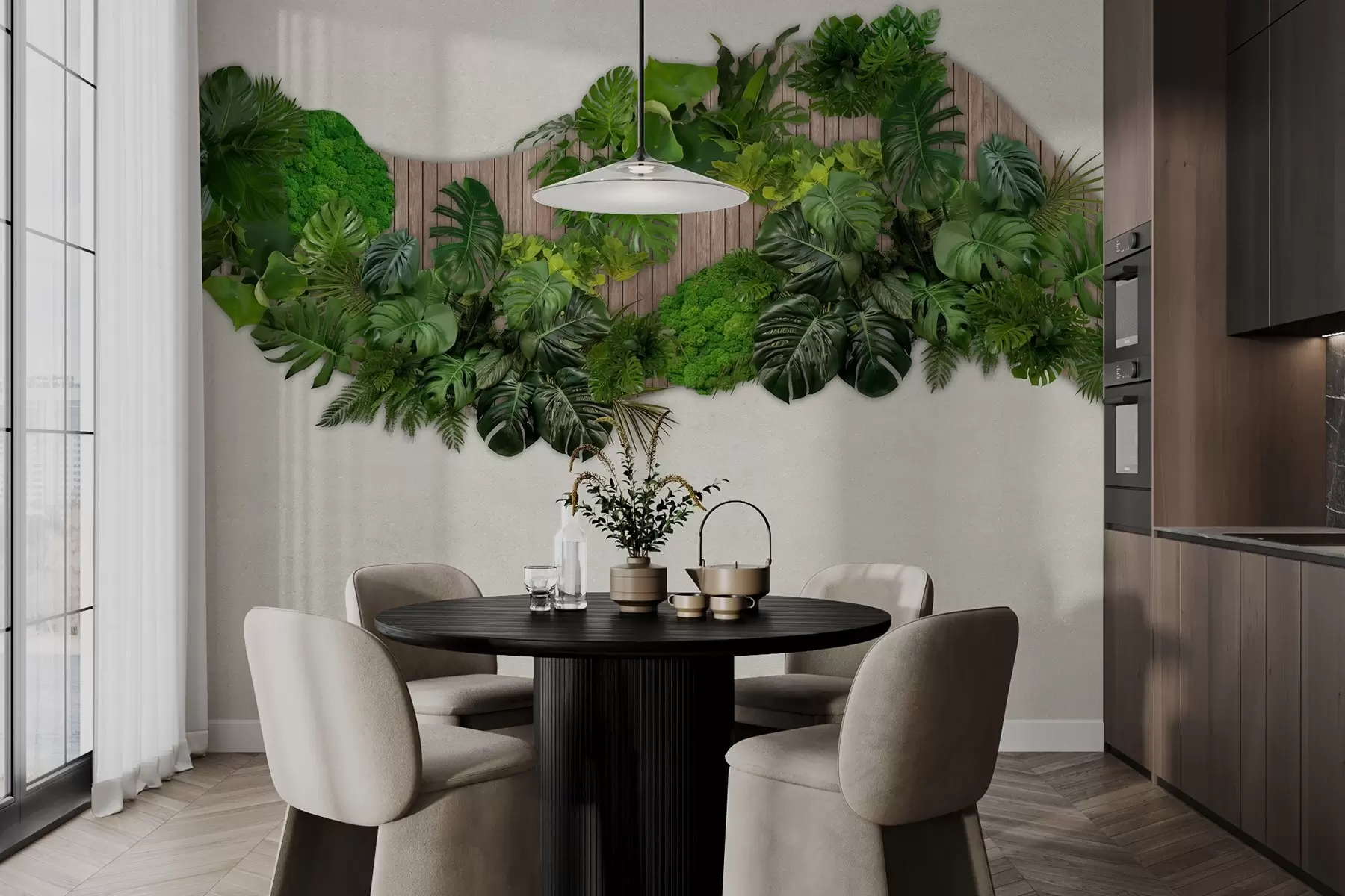 Fototapete Blumentafel mit Palmenblättern, Moos und Holzhintergrund w02717