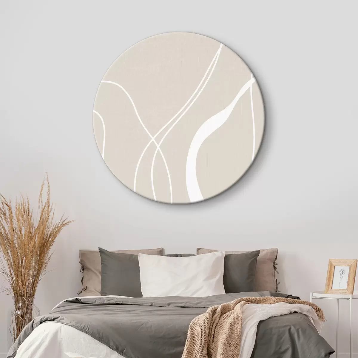 Runde Wandbilder Weiße abstrakte Linien auf einem beigen Hintergrund r36488