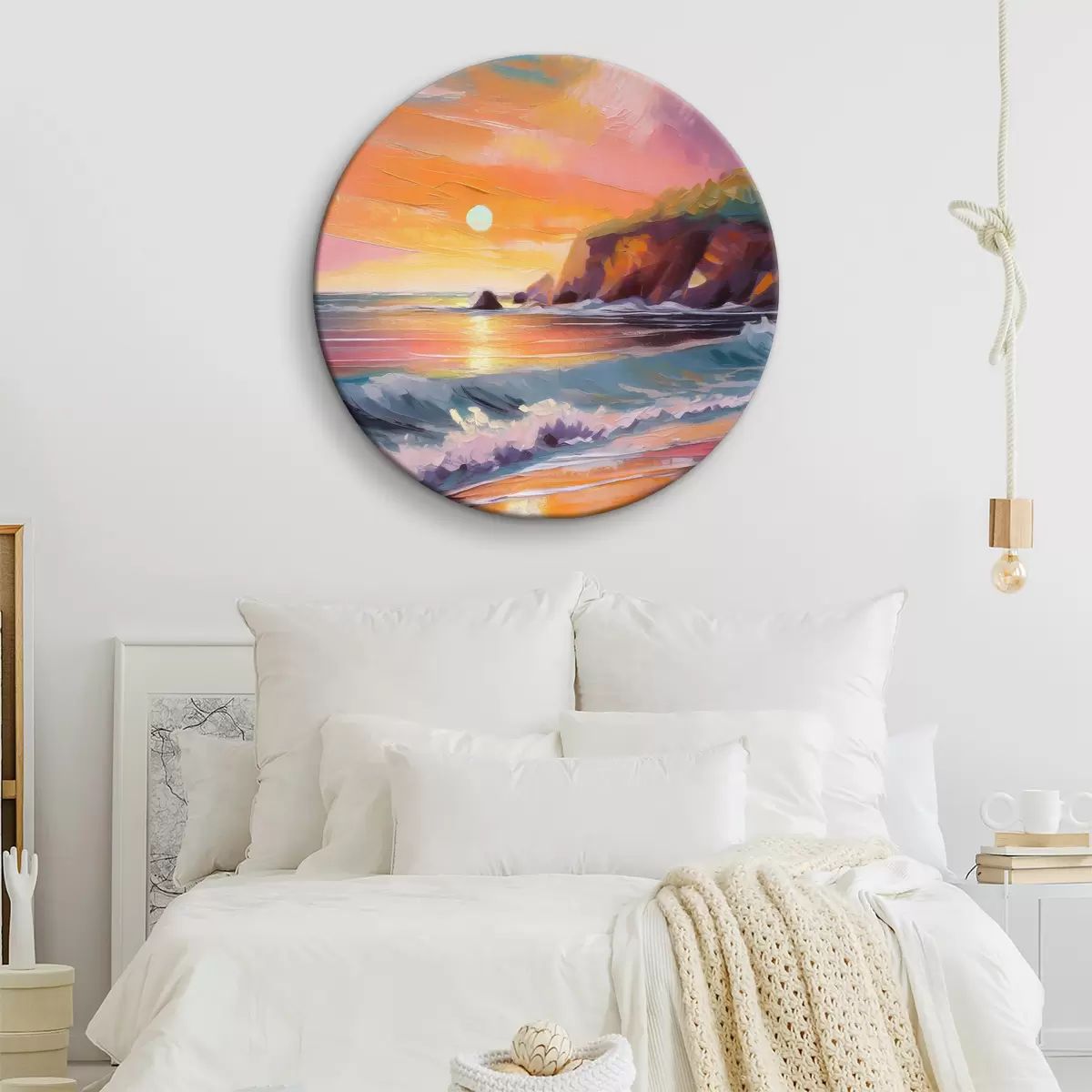 Runde Wandbilder Sonnenaufgang an der Küste, Meereswellen, lebhafte Pinselstriche, Acryl r36581