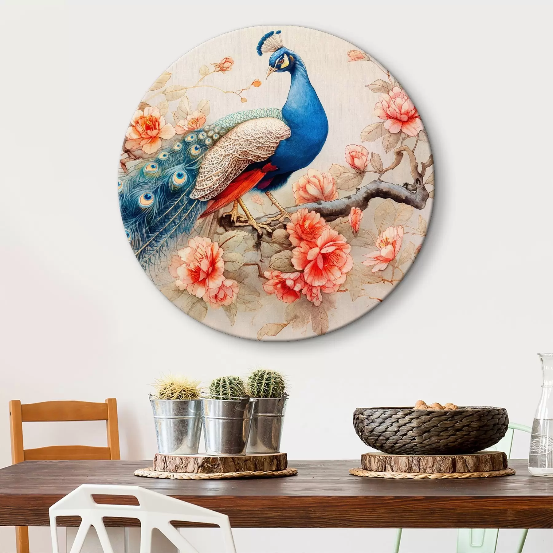 Fototapete Ein Gemälde, das einen Pfau auf einem Ast mit Blumen zeigt r38451