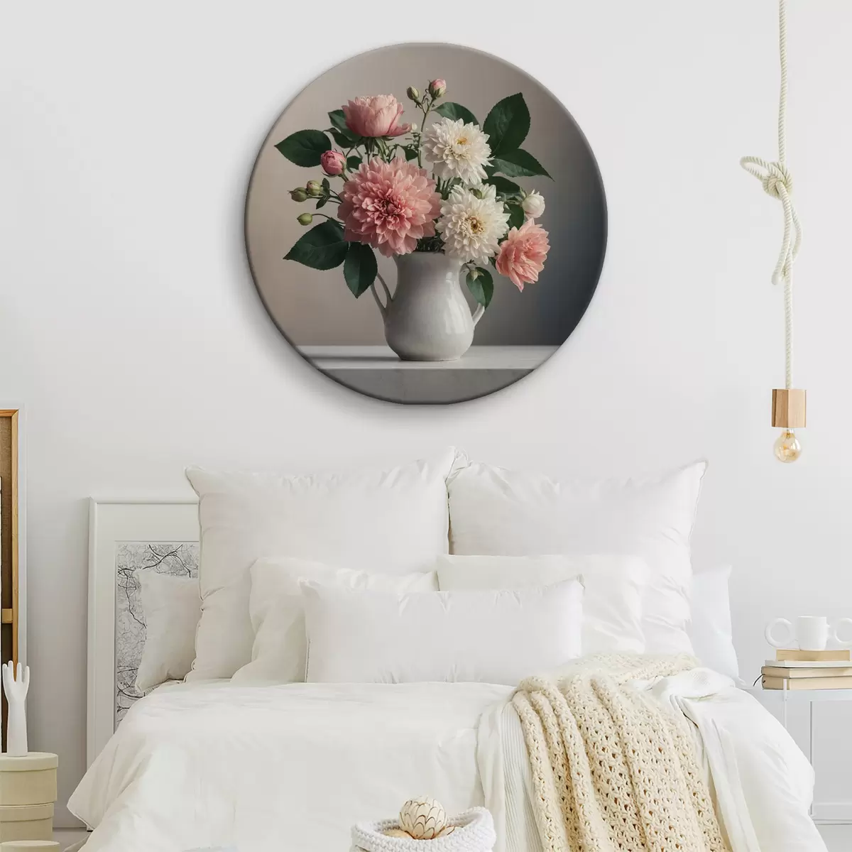 Runde Wandbilder Blumen in einer weißen Vase auf dem Tisch r40472