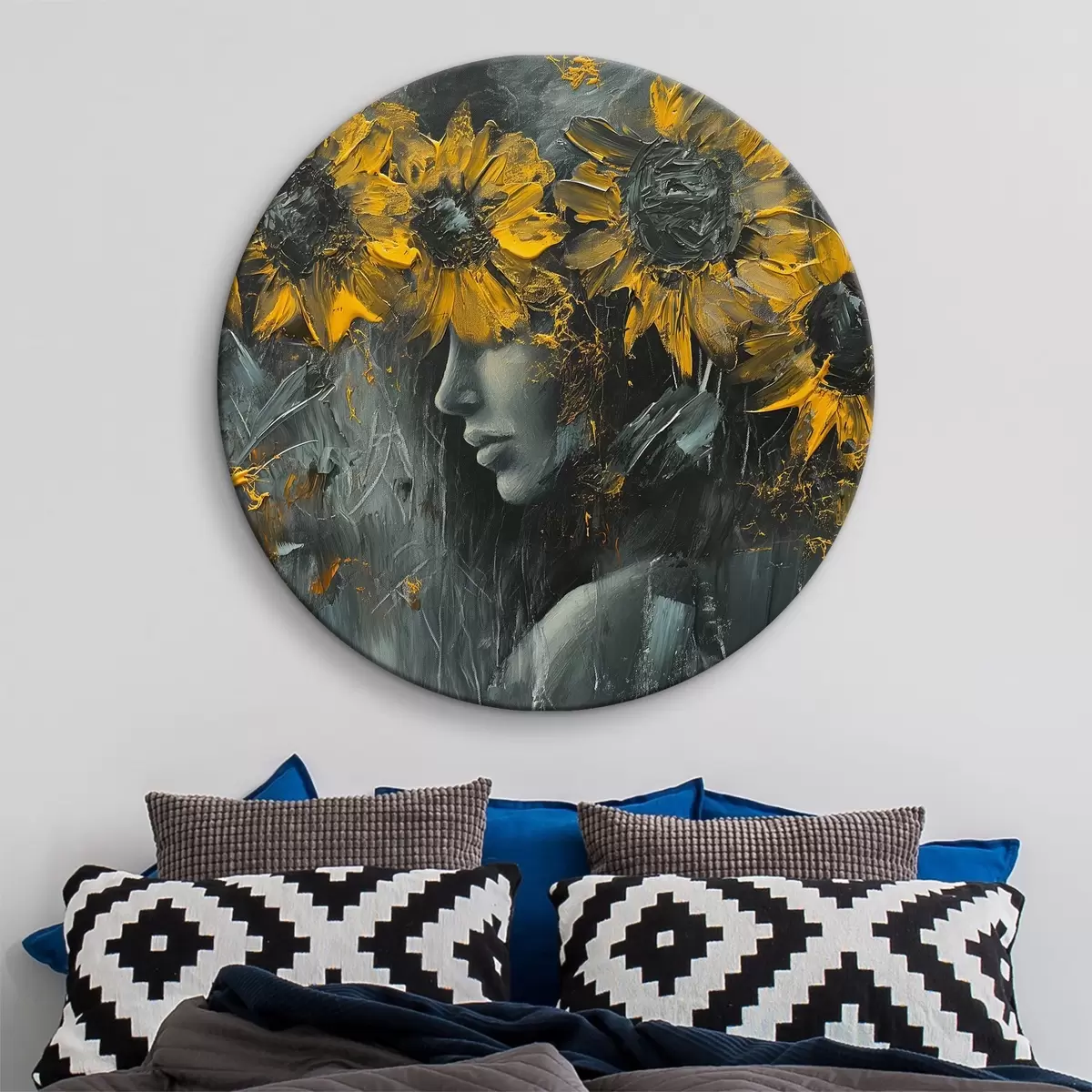 Runde Wandbilder Abstrakte Sonnenblumen bedecken das Gesicht des Mädchens r40501