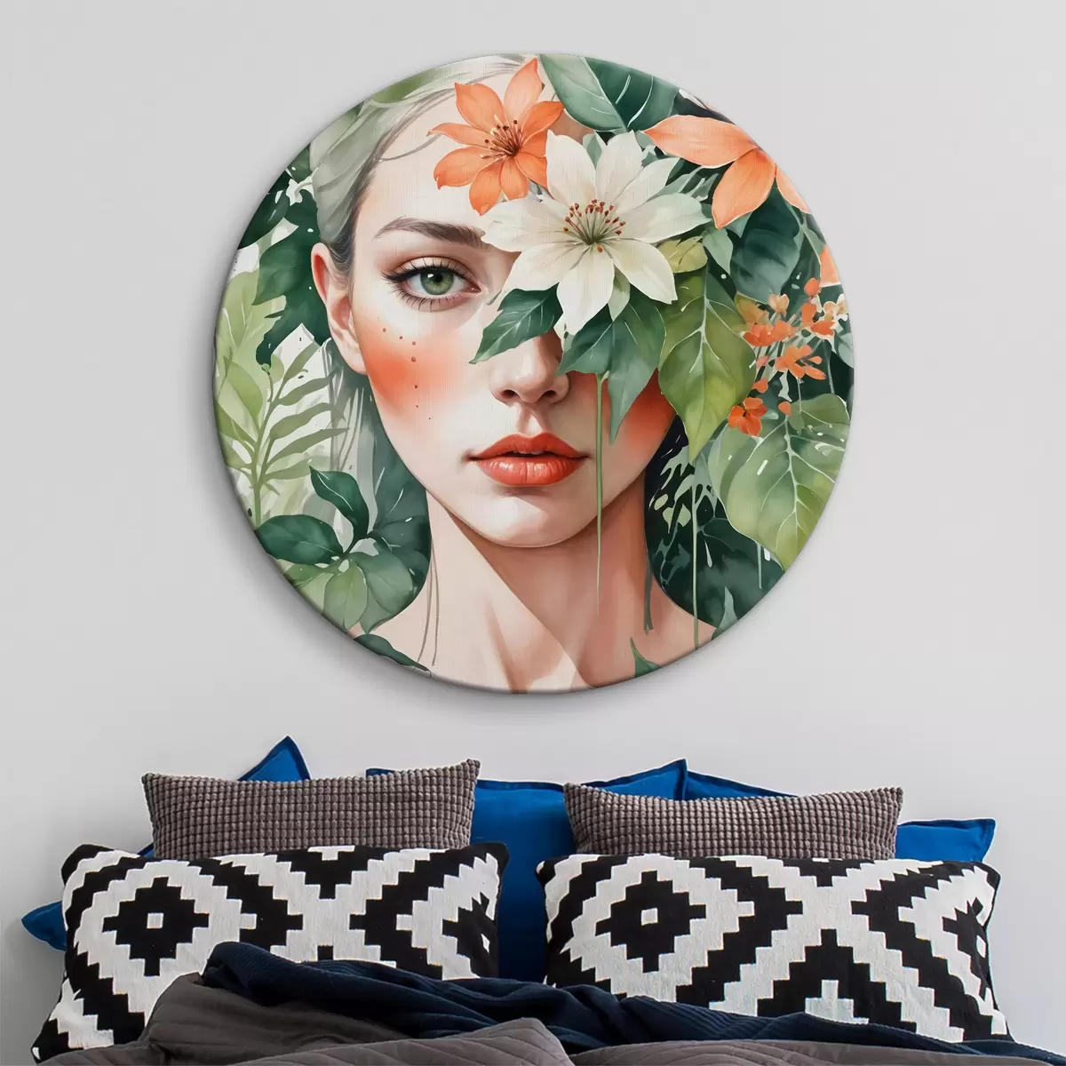 Runde Wandbilder Blondhaarige Frau umgeben von leuchtend orangefarbenen und weißen tropischen Blumen, grünen Blättern und Vegetation r40557