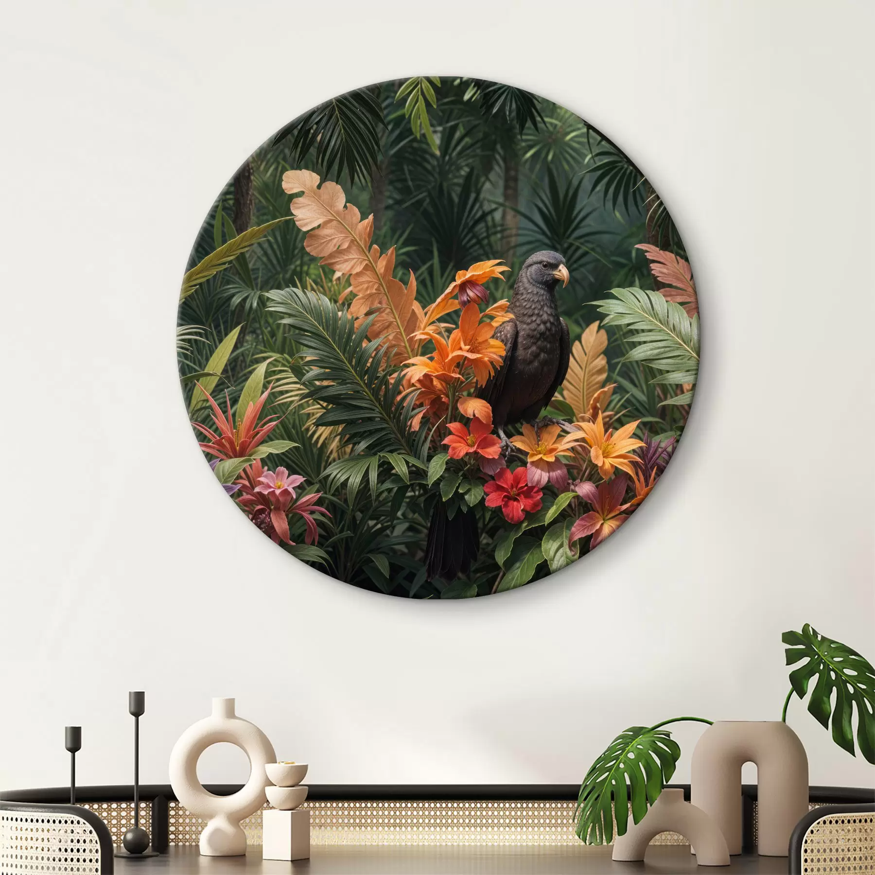 Fototapete Tropischer Vogel, der auf einem Zweig sitzt, umgeben von üppiger Vegetation, Palmenblättern, Blumen und exotischen Pflanzen r40578