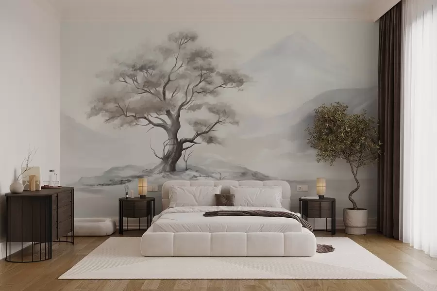 Fototapete Eine minimalistische Zeichnung eines einsamen, verdrehten Baums in einer trostlosen, felsigen Landschaft mit Bergen im Hintergrund  w08604