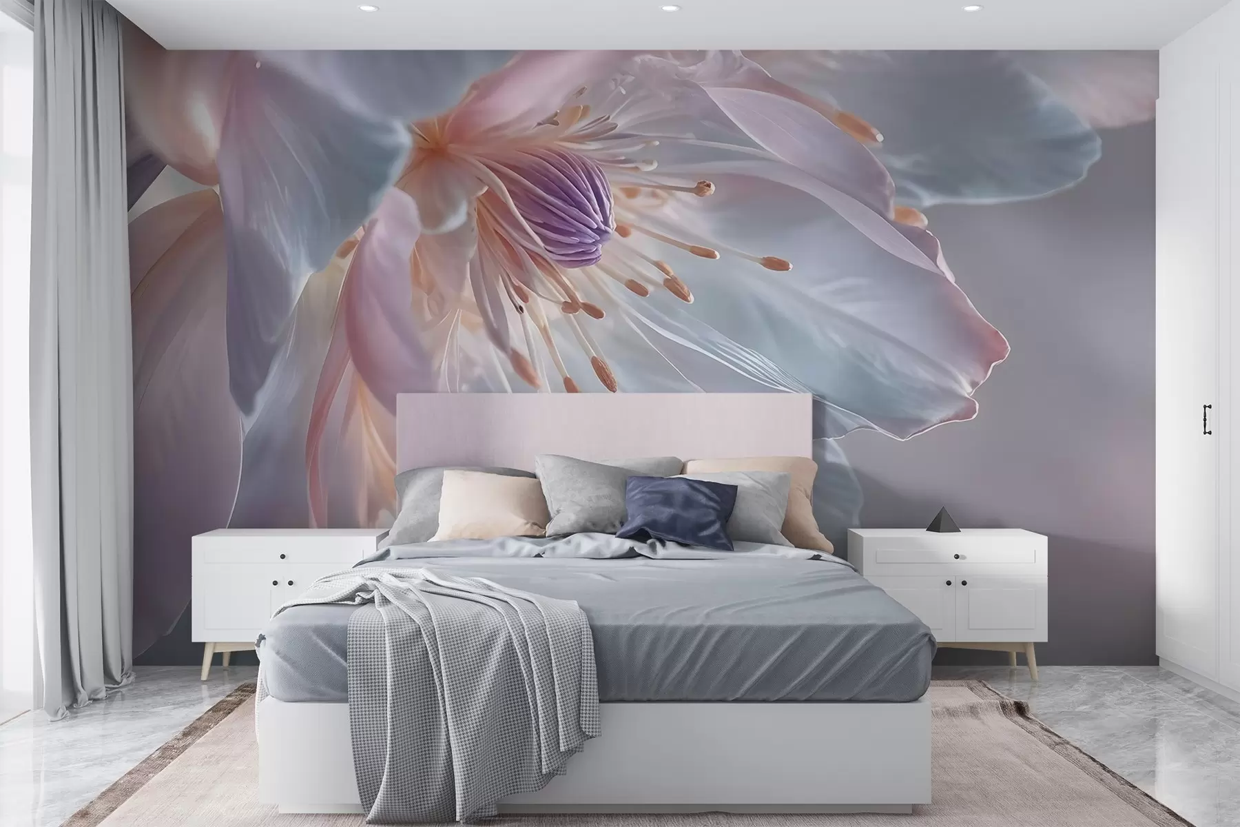 Fototapete Eine Nahaufnahme einer zarten, pastellfarbenen Blume mit weichen, durchscheinenden Blütenblättern und einer leuchtenden Mitte w08605