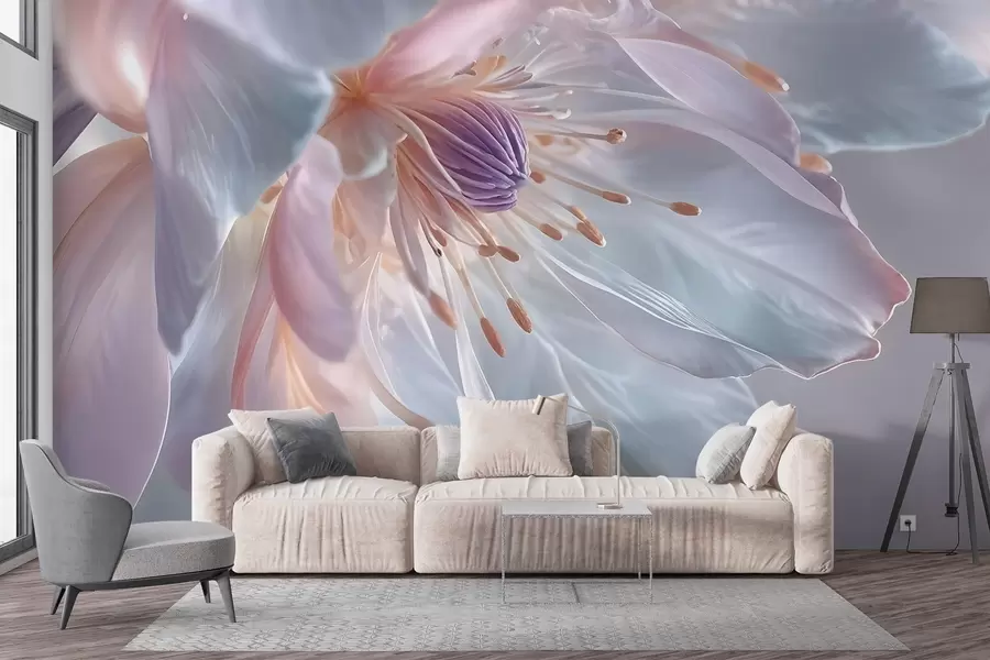 Fototapete Eine Nahaufnahme einer zarten, pastellfarbenen Blume mit weichen, durchscheinenden Blütenblättern und einer leuchtenden Mitte w08605