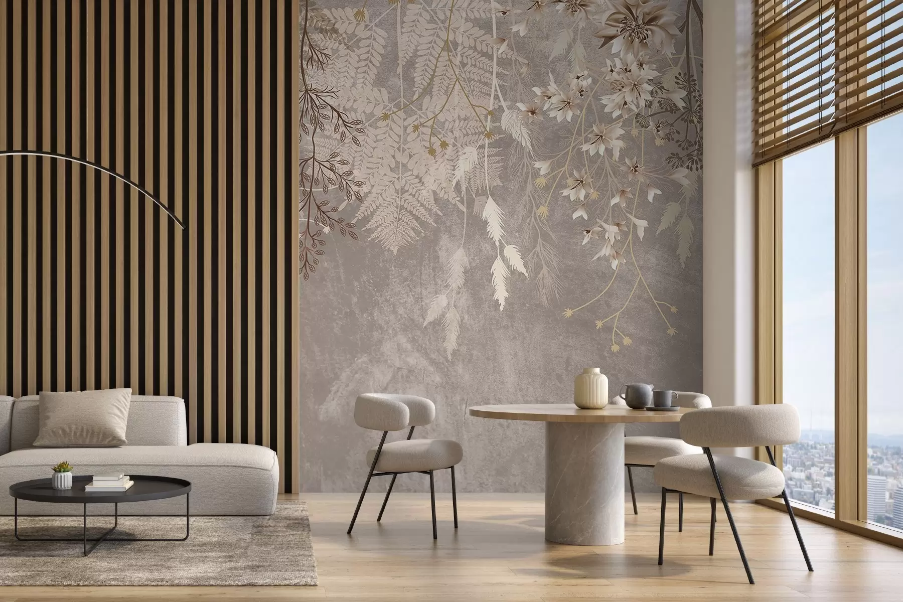 Fototapete Eine verträumte, zarte, wispy Pflanzen, Ährchen und Blumen in braunen Pastellfarben vor einem dunstigen, strukturierten Hintergrund w08606v1