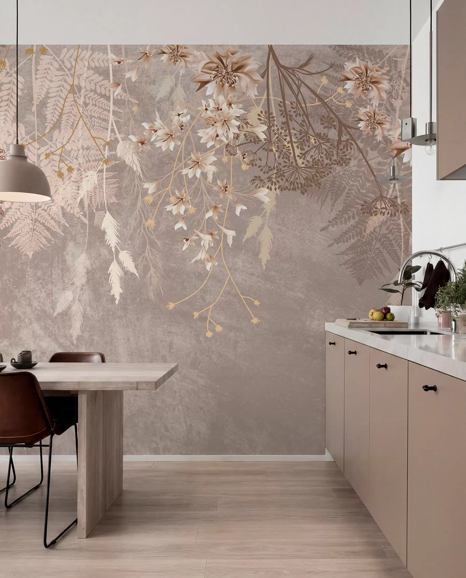 Fototapete Eine verträumte, zarte, wispy Pflanzen, Ährchen und Blumen in braunen Pastellfarben vor einem dunstigen, strukturierten Hintergrund w08606v1