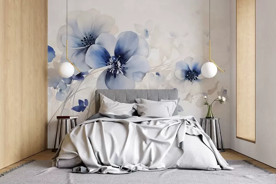 Fototapete Zarte aquarellartige blaue und weiße Blumen mit weichen Blütenblättern und verschwommenem Hintergrund w08610